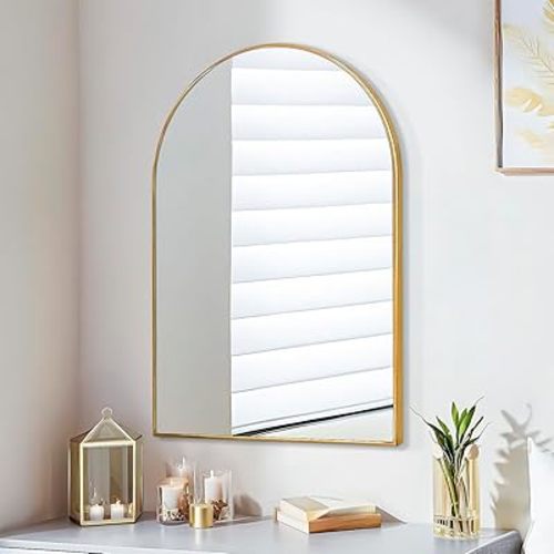 30x20 Arch Mirror Rectangle Wall Mounted Aluminum Alloy Metal Frame HD Glass Dressing Make-up for Bathroom Entryway Bedroom Living Room 30 20 inch Gold