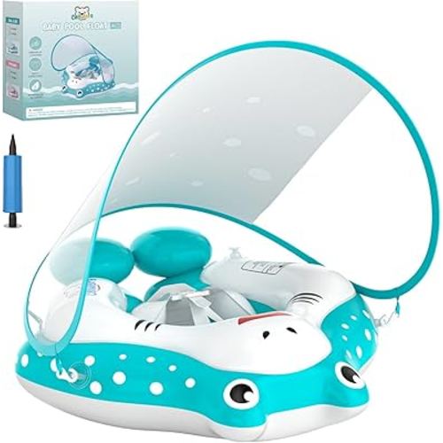 Baby Pool Float with Canopy, Cellulera Inflatable Toddler Pool Float Baby Swimming Pool Float, Adjustable Safety Seat Add Tail No Flip Over, Baby Swim Float for Age of 3-36 Months L Size