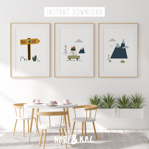 Adventure Print Set, Kids Room Decor, Boys Room Decor, Car Wall Art, Transportation Print, Boy Nursery Decor Playroom Decor Mountain Nursery