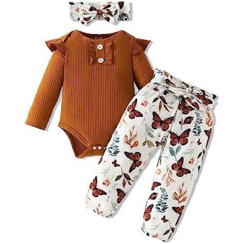 Kislio Newborn Baby Girls Clothes Ribbed Ruffled Romper+Floral Pants+Headband Infant Outfit Set