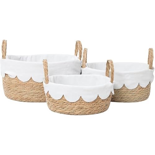 Handmade Seagrass Wicker Storage Basket with Handles & Removable Liner,Eco-Friendly Oval Woven Shelf Basket Organizer for Home Decor,Set of 3