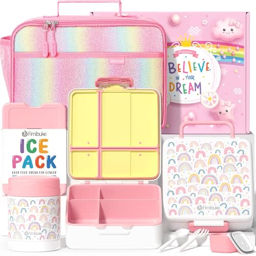 Fimibuke Kids Bento Snack Lunch Box with 4 Compartment, Insulated Lunch Bag, Stainless Steel Vacuum Thermo Food Jar, Ice Pack, Utensils Set, Birthday Gifts for Age 3-12 Back to School Toddler Girl Boy