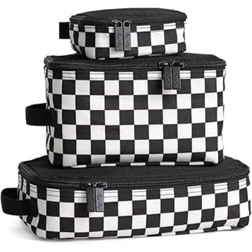 Itzy Ritzy Packing Cubes for Travel – Set of 3 Packing Cubes or Travel Organizers; Each Cube Features a Mesh Top, Double Zippers and a Fabric Handle (Black & White Checkerboard)