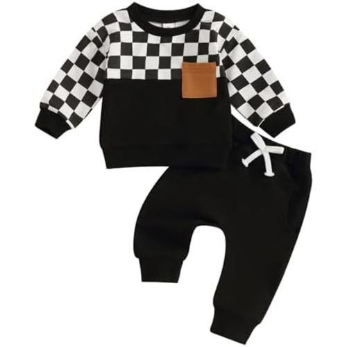 MoZiKQin Toddler Baby Boy Girl Clothes Checkered Color Block Long Sleeve Sweatshirt with Pants Set 2Pcs Fall Winter Outfits