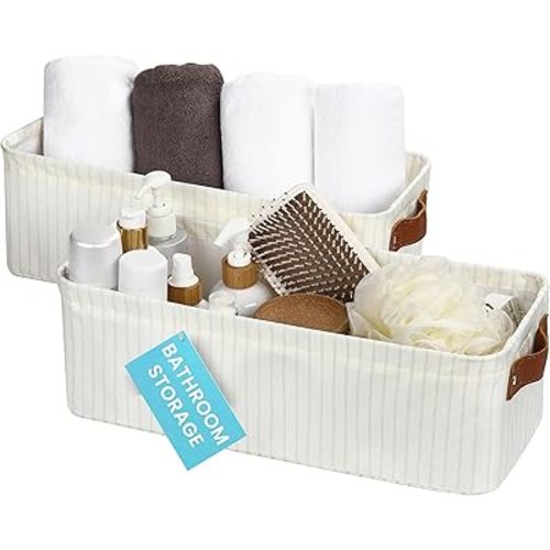 OrganiHaus 15x6in Canvas Storage Baskets 2 Pack | NARROW Fabric Bins for Shelves | Bathroom & Toilet Paper Organizer | White Striped Brown
