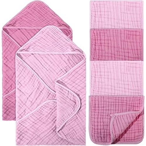 6 Pcs 6 Pcs Baby Muslin Hooded Bath Towels and Washcloths, 32 x 32 Inch Muslin Cotton Hooded Baby Towels Absorbent Hooded Blankets Newborn Infant (Rose Red,Pink)