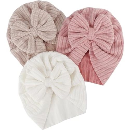 DRESHOW BQUBO 3 Pieces Newborn Baby Turban Hats Bow Baby Infant Beanie Breathable Toddler Cap for Baby Girls