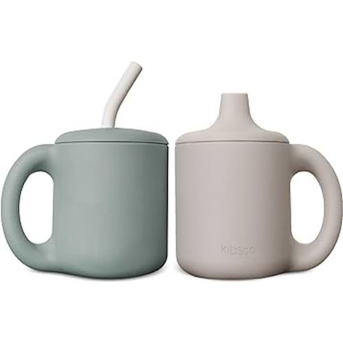 Silicone Sippy Cup and Training Cup for Baby 6 Months+ Soft Spout and Straw Lid with Handle Unbreakable Easy Grip for Babies and Toddlers 1-3 Years 5oz/150ml(Sandy Shore and Green)