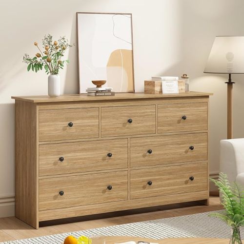 7 Drawer Dresser for Bedroom, 55'' Wide Natural Wood Chest of Drawers with Metal Handles, Modern Large Dressers Organizer for Living Room, TV Stand, Hallway, Entryway, Light Oak