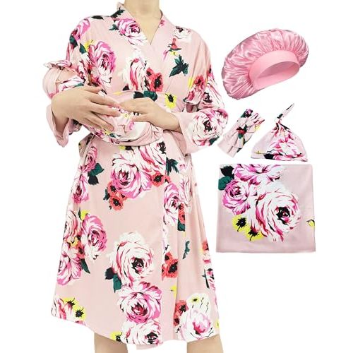 WINROLA Maternity Robe with Matching Swaddle Soft Mommy Robe Receiving Blanket Set…