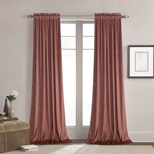 Roslynwood Theater Brick Dust Velvet Curtains - Super Soft Velvet Blackout Insulated Curtain Panels 63 inches Length for Living Room Holiday Decorative Drapes for Master Bedroom, W52 x L63, 2 Panels