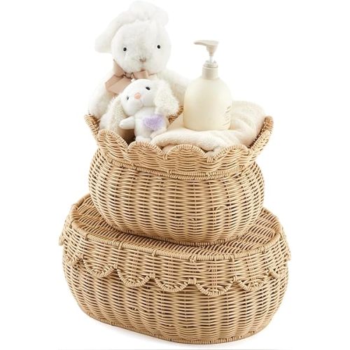 Juexica 2 Pcs Scalloped Rattan Baskets, Woven Rattan Wicker Storage Baskets with Lid for Nursery Storage diaper organizer Bathroom Decor(Natural)