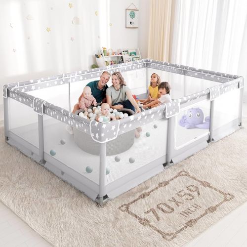 Large Baby Playpen for Babies and Toddlers - 70x59in Giant Play Pen for Babies 6-12 Months Big Play Yard for Toddlers 1-3 Play Pens for Toddler Indoors Playyard Fence Pin Corrales para Bebes Grey-s