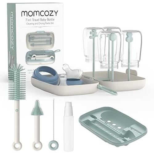 Momcozy Bottle Brush Set - Baby Bottle Cleaner Kit with Silicone Brush, Nipple Brush, Straw Brush, Soap Dispenser, Drying Rack - 7 in 1 Bottle Cleaning Tool for Home and Travel
