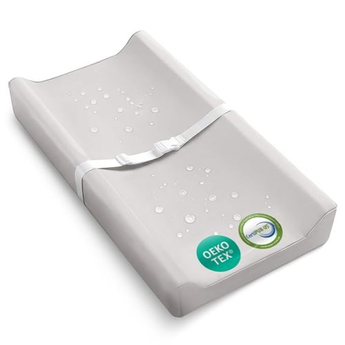 Waterproof Vegan Leather Contoured Baby Changing Pad | Wipe-Clean PU Leather Diaper Change Mat, Soft, Wipeable Removable & Washable Cover, Non-Slip Bottom, Standard Infant Diaper Table & Dresser Grey