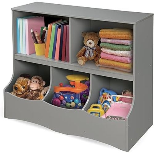 Badger Basket Multi-Bin Toy Storage Organizer and Book Shelf for Kids - Gray