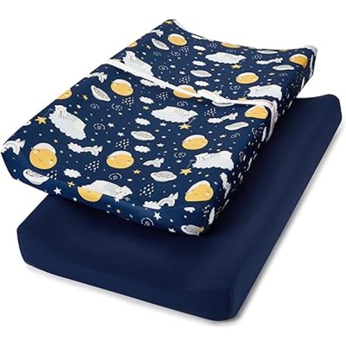 TILLYOU Changing Pad Cover Set in Soft Jersey Material - Fits 32"/34''x16 Contoured Pad for Babies, Starry Adventure and Dark Blue