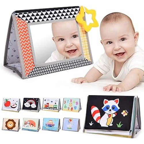 Tummy Time Mirror Baby Toys, High Contrast Crinkle Cloth Book with Teether for 0 3 6 Months Babies Boys Girls, Montessori Newborn Sensory Toys Activity Book for Shower Gifts
