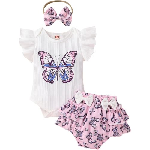 Tiny Cutey Baby Girl Clothes Infant Summer Outfits Set Ruffle Sleeve Romper and Floral Shorts with Headband