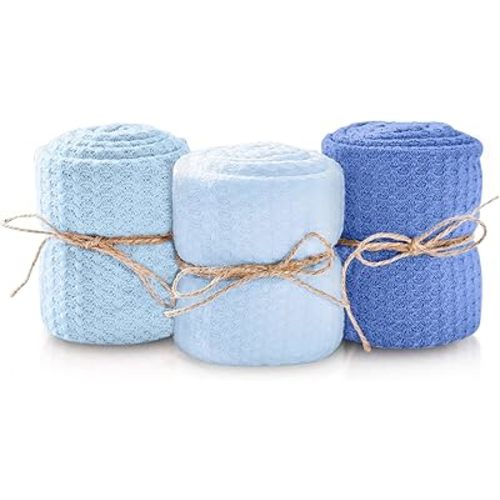 First Landings Newborn Photography Wraps, 3-Pack - 16" x 64" Soft Knit Baby Wrap Receiving Blankets - Newborn Photography Props Baby Blankets - Gender Neutral Baby Essentials (Blue)