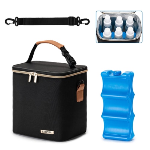 Breastmilk Cooler Bag with Ice Pack Fits 6 Baby Bottles Up to 9 Ounce, Baby Bottle Bag with Shoulder Strap for Nursing Mom Daycare, Black