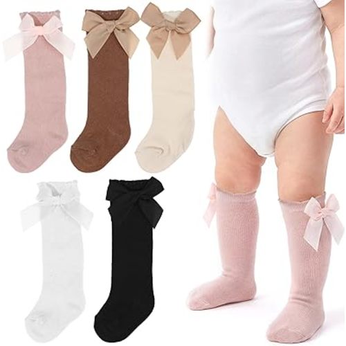 Baby Knee High Socks for Girls & Boys, Soft Cotton Breathable Non-Slip Toddler Knee High Socks with Bow Ruffle, Newborn Infant Toddler Daily Wear, 5-Pairs Pack