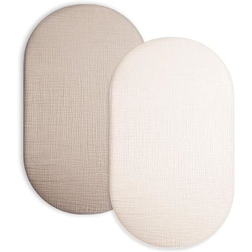 Bassinet Sheet for Baby Boy and Girl 2 Pack, Fitted Sheets for Rectangle, Oval, Hourglass Bassinet Mattress, Muslin Moses Basket Sheets with Neutral Style(Beige & Cream)