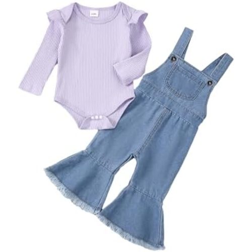 SUNNY PIGGY Newborn Baby Girl Clothes Ruffle Long Sleeve Ribbed Romper Flare Pants Jumpsuit Infant 2pcs Outfits