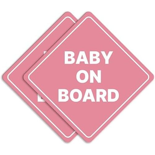 GEEKBEAR Baby on Board Car Sign - Sticker or Magnet & Color Options, Weather-Resistant - Diamond Shape 6.8 x 6.8 in (Reflective Magnet, Light Pink, 2 Pack)