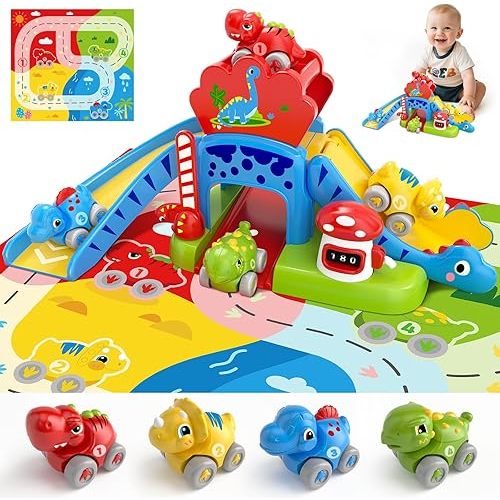 Toddler Toys for 1 Year Old Boy Gifts - Educational Dinosaur Slide Set with 4 Color/Number Push Cars and Playmat, Montessori Learning Toy for Baby 12-18 Months, 1st Birthday Present Ages 1-1.5, Red
