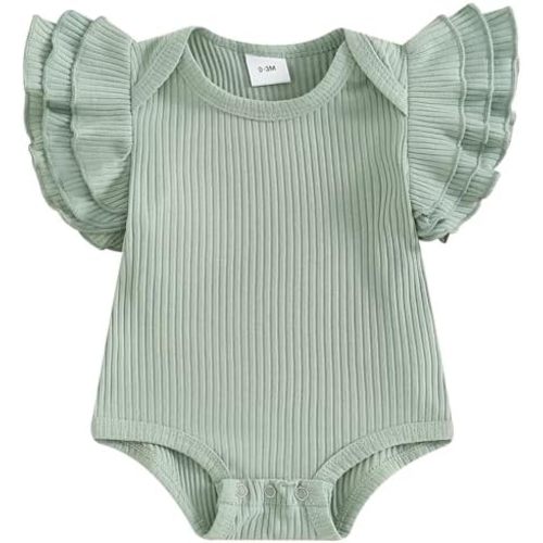 Mubineo Baby Girl Summer Clothes Basic Plain Ruffle Short Sleeve Romper Bodysuit Newborn Rib Knit Tops Clothes