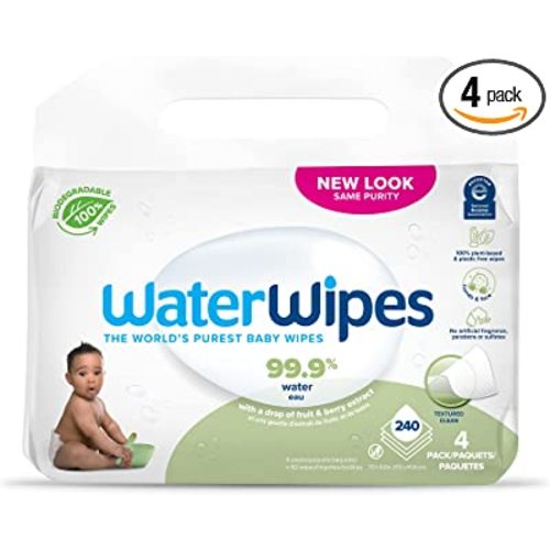 WaterWipes Plastic-Free Textured Clean, Toddler & Baby Wipes, 99.9% Water Based Wipes, Unscented & Hypoallergenic for Sensitive Skin, 240 Count (4 packs), Packaging May Vary - 240 Count (Pack of 4)