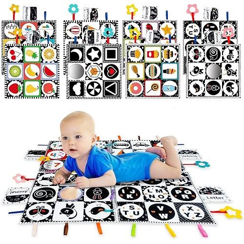 Black and White High Contrast Baby Infant Sensory Toys for Babies 0-6-12-18 Months,Newborn Tummy Time Toys with Mirror and Teether，Montessori Learning Activities for Babies Boy Girl Gift 4 Pack