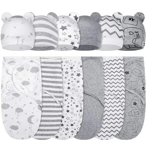 Ramede 6 Pack Baby Swaddle Blanket with Hats Sleep Swaddle for 0-3 Months Newborn Sacks Soft Cotton Wearable for Boy Girl