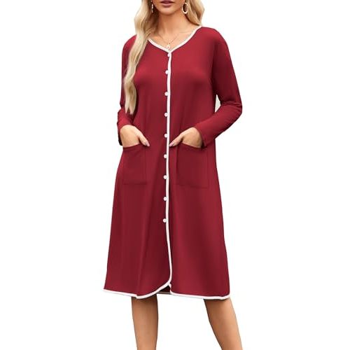 Ekouaer Nightgowns for Women Button Down Sleepshirt Long Sleeve Nightshirt V Neck Pajama Dress Nightdress with Pockets S-XXL