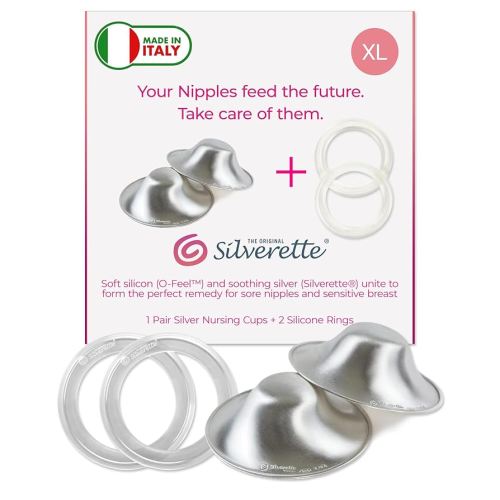 SILVERETTE The Original Silver Nursing Cups, Nipple Covers for Breastfeeding Essentials, Pure 925 Silver Nipple Shields for Breastfeeding Newborn, XL Size with O-Feel Silicone Rings