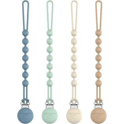 Cuddle Campus Silicone Pacifier Clip Holder with One Piece Design, Pack of 4 Soft Flexible Binky Clips with Texture for Baby Boy and Girl (0-6M) Set 1