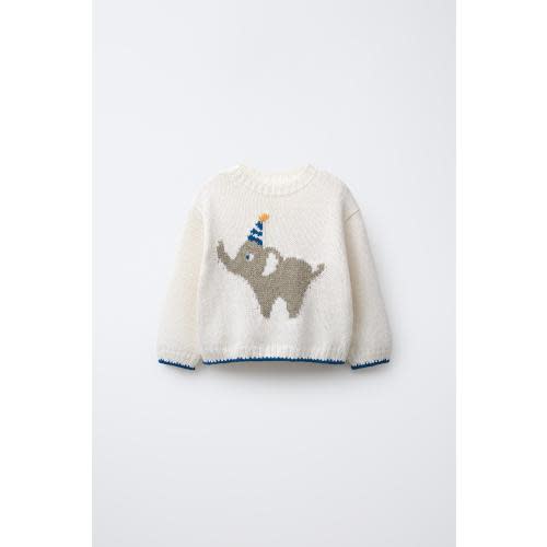 EMBROIDERED ELEPHANT KNIT SWEATER - Ecru | Size 9-12M