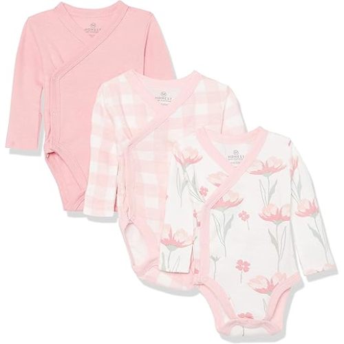 HonestBaby 3-Pack Organic Cotton Long Sleeve Side-Snap Kimono Onesies Bodysuits, Strawberry Pink Floral, Newborn