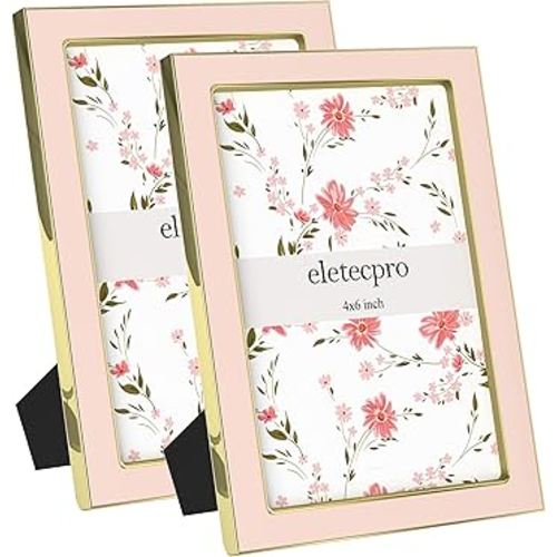 eletecpro 4x6 Metal Edging Enamel Picture Frames Set of 2, Pink & Gold Photo Frame Display 4x6 Photos on Tabletop