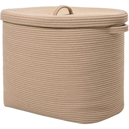 22"x14"x18" Rectangular Extra Large Storage Basket With Lid, Large Cotton Rope Storage Basket, Woven Laundry Hamper, Cloth Storage Bin, for Clothes Towels Blankets in Living Room, All Beige