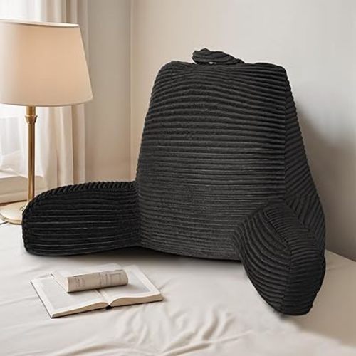 Reading Pillow for Sitting in Bed Adult, Bed Reading Pillow with Shredded Memory Foam, Back Pillow for Sitting with Arms and Pockets, Reading Pillow with Standard Plush Microfiber Cover, Large, Black