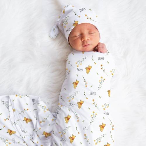 Personalized Winnie Pooh Baby Swaddle Set Toddler Christmas Blanket Classic Pooh Newborn Outfit Custom Name Shower Gift Diaper Bag Pooh Bear