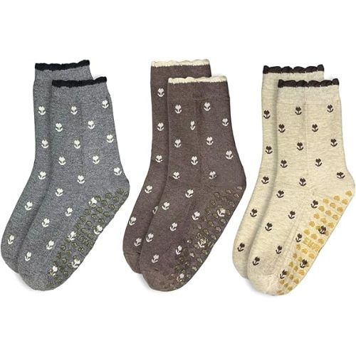 Cute Floral Jacquard Yoga Socks for Women 3 Pairs Non Slip Crew Pilates Barre Socks, Cozy Anti Skid Workout Socks.
