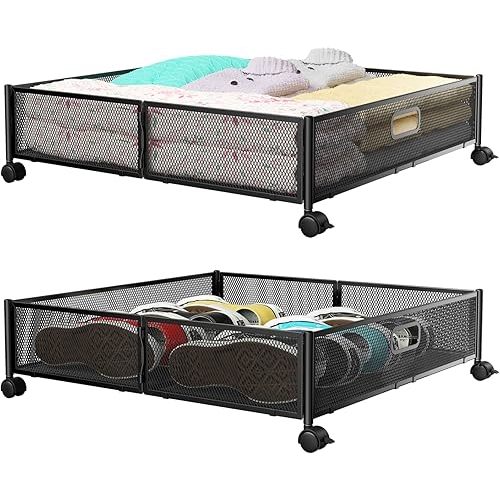 Under Bed Storage, Under the Bed Storage Containers with Wheels, Under Bed Shoe Storage Organizer Drawer, Tool-free Assembly Metal Underbed Storage Containers for Bedroom Clothes Shoes Blankets -2Pack