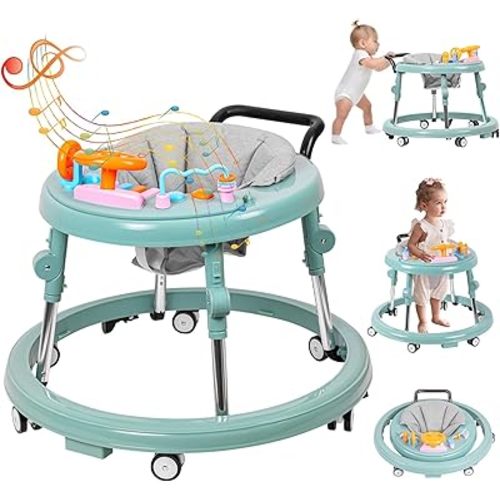 Baby Walker Foldable, Baby Walkers and Activity Center for Boys Girls Babies 6-12 Months with Feeding Tray & Music, and 5 Adjustable Heights, Baby Walker with Wheels…