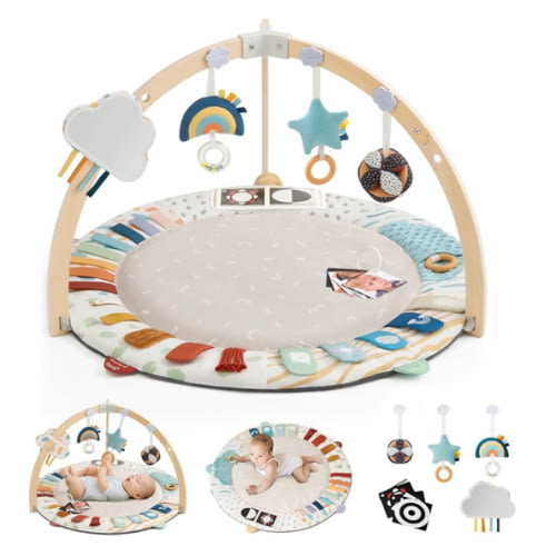 Blissful Diary Baby Play Gym & Activity Mat, 5 Developmental Zones Wooden Tummy Time Mat with 6 Detachable Sensory Toys for Motor Skills & Sensory Development, Baby Essentials Shower Gift