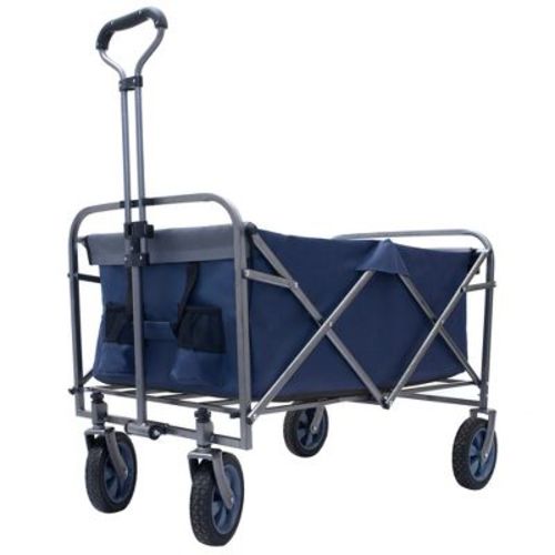 SKRAN Folding Wagon, Heavy Duty Utility Beach Wagon Cart with Big Wheels, Adjustable Handle Drink Holders for Camping and Outdoor