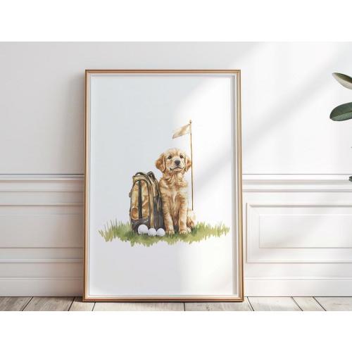 Golden Retriever golf print, Puppy Golden Retriever art, Golf nursery Wall Art, Dog Playing Golf, Puppy golf print, Digital Download, P#98
