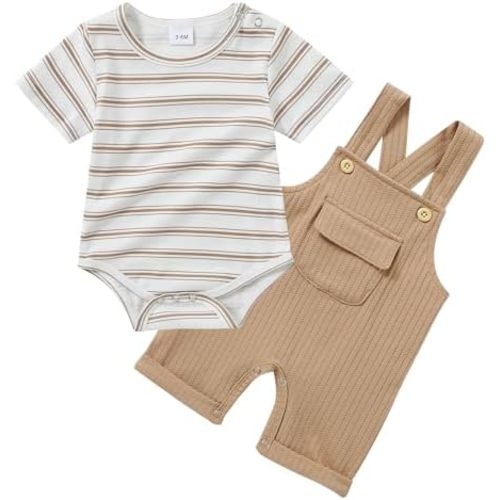 CARETOO Newborn Baby Boy Clothes Infant Boy Romper Fall Winter Outfits Bodysuit 2Pcs Striped Long Sleeve Top Overalls 0-18M